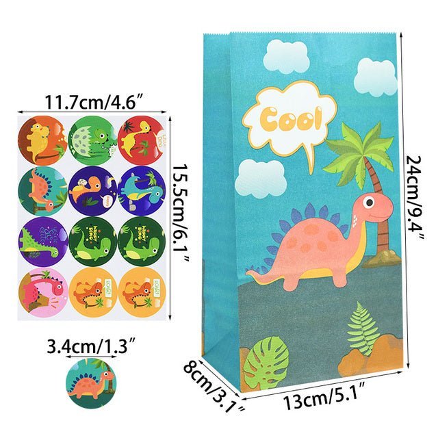 Light Blue Dinosaur Party Bags with Stickers (x12) - Cook and Party