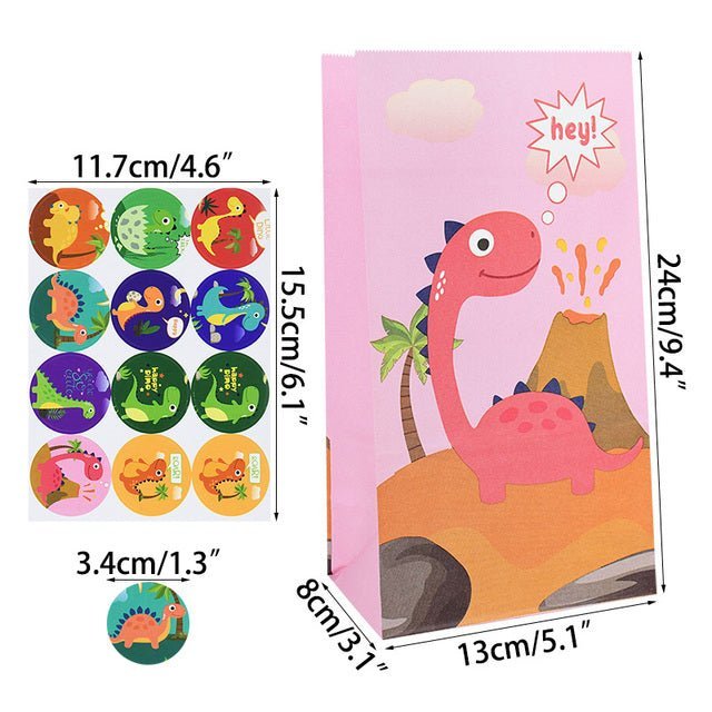 Light Pink Dinosaur Party Bags with Stickers (x12) - Cook and Party