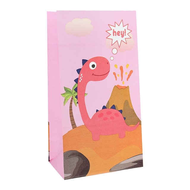 Light Pink Dinosaur Party Bags with Stickers (x12) - Cook and Party