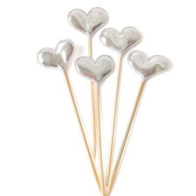 Silver Metallic Hart topper for Cup Cakes and Cakes (x 5) - Cook and Party