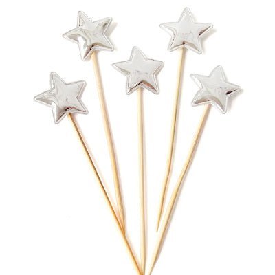 Silver Metallic Star Topper for Cup Cakes and Cakes (x 5) - Cook and Party
